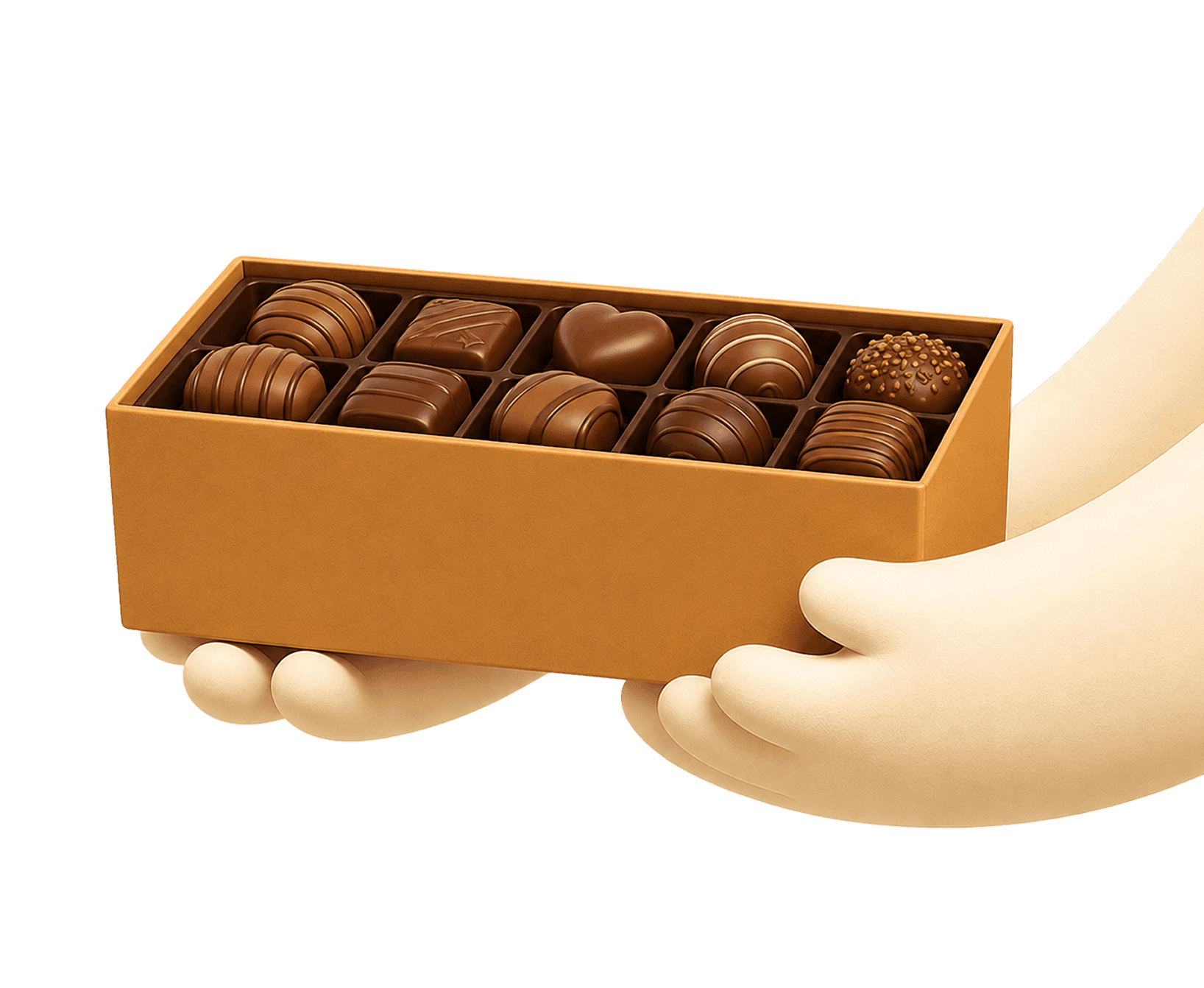 A hand holding an open box of chocolates