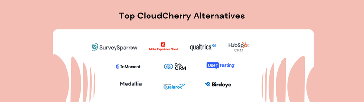 Top 10 CloudCherry Alternatives To Switch To In 2024 Top CloudCherry Alternatives and Competitors: SurveySparrow, Adobe Experience Platform, Qualtrics Customer Experience, HubSpot CRM, InMoment, Zoho CRM, UserTesting, Qualaroo, Medallia, Birdeye
