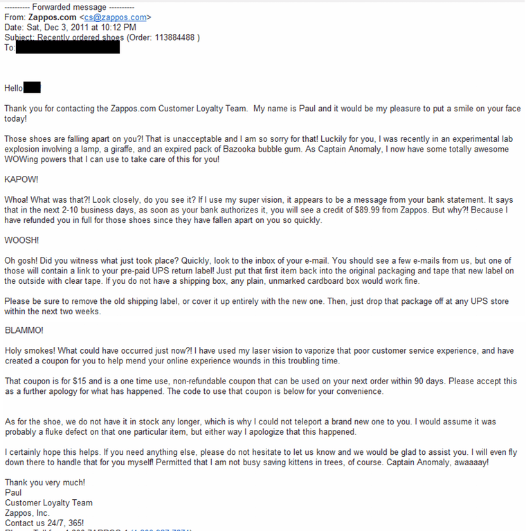 zappos customer support response