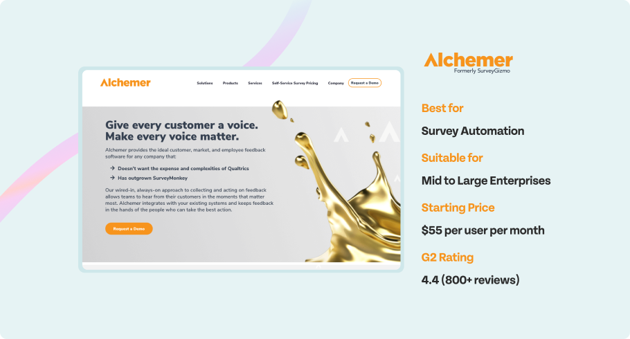 Alchemer - Best for, Suitable for, Starting price, G2 rating