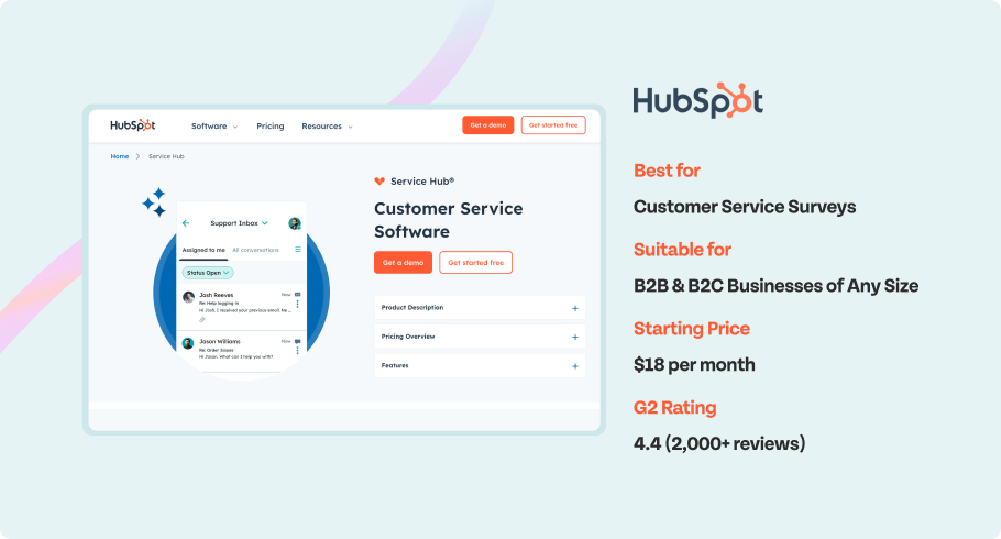 Hubspot Service Hub - Best for, Suitable for, Starting price, G2 rating