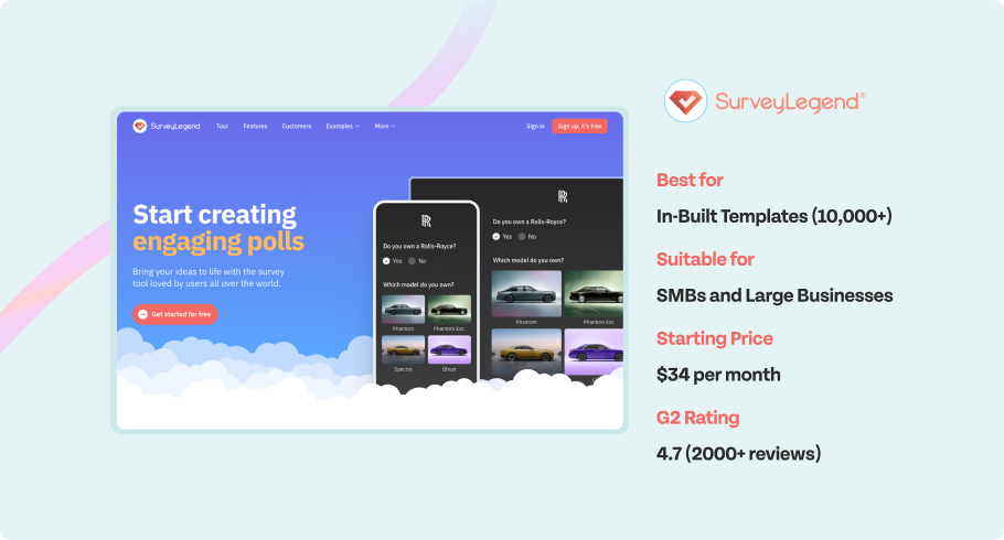 SurveyLegend - Best for, Suitable for, Starting price, G2 rating