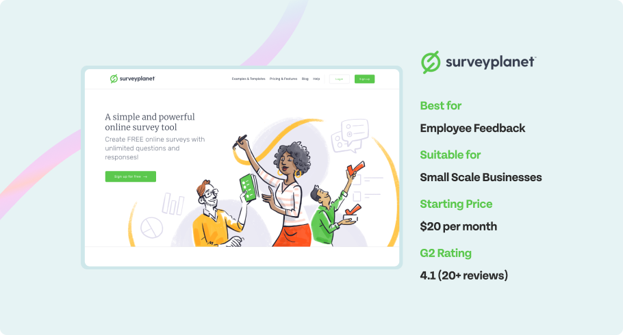 SurveyPlanet - Best for, Suitable for, Starting price, G2 rating