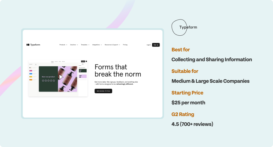 Typeform - Best for, Suitable for, Starting price, G2 rating