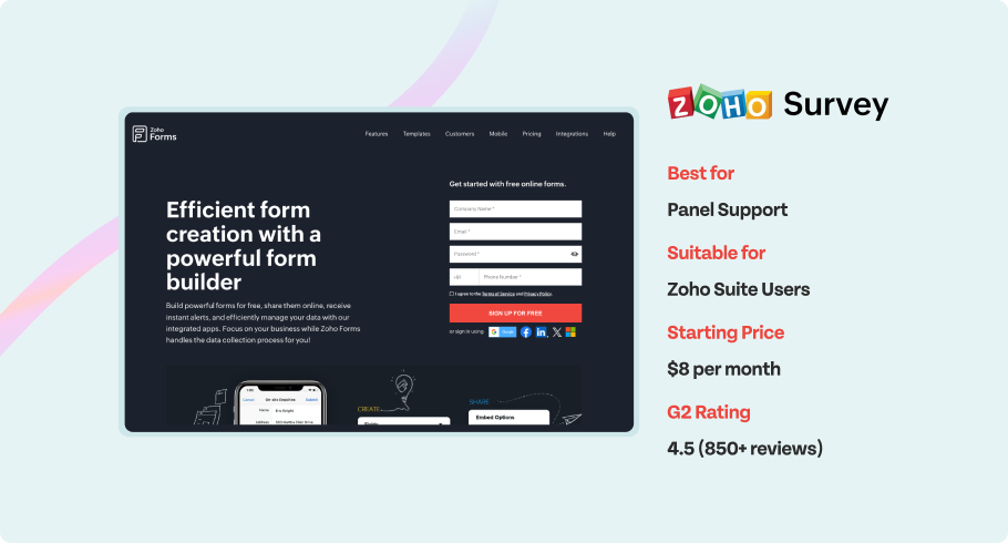 Zoho Survey - Best for, Suitable for, Starting price, G2 rating