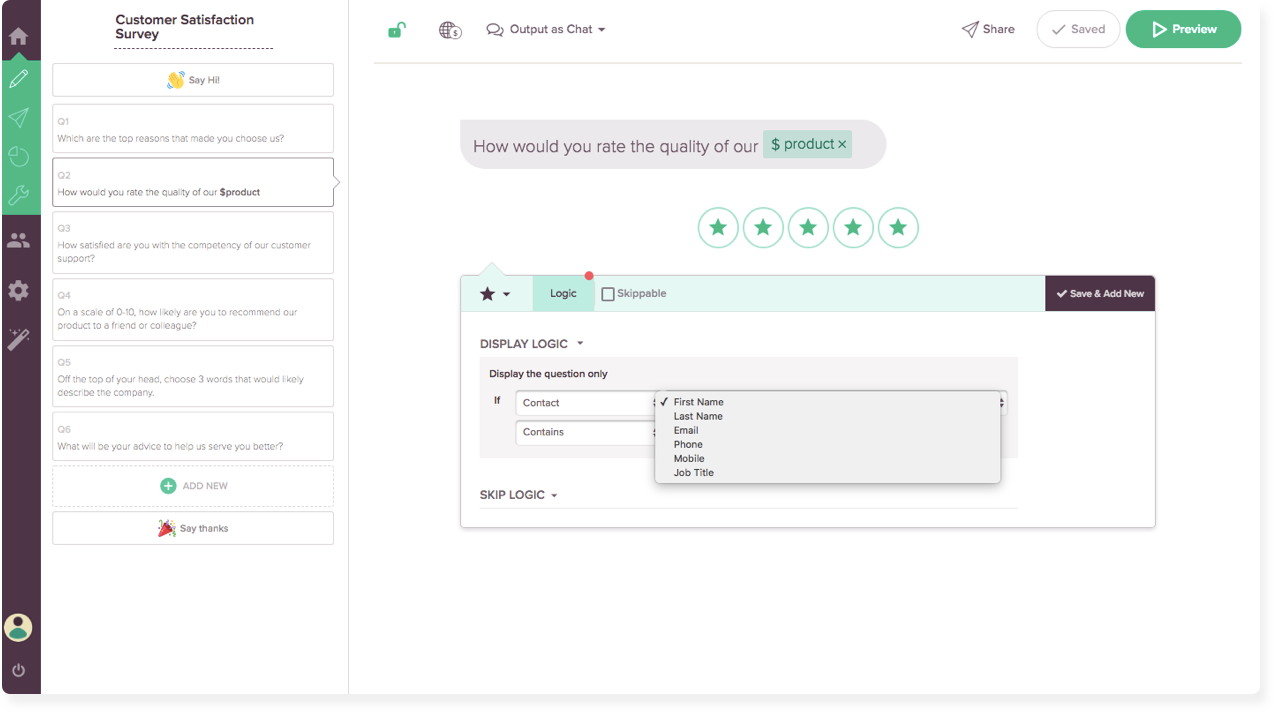 Build smarter surveys using Custom Parameters in Logic Section.