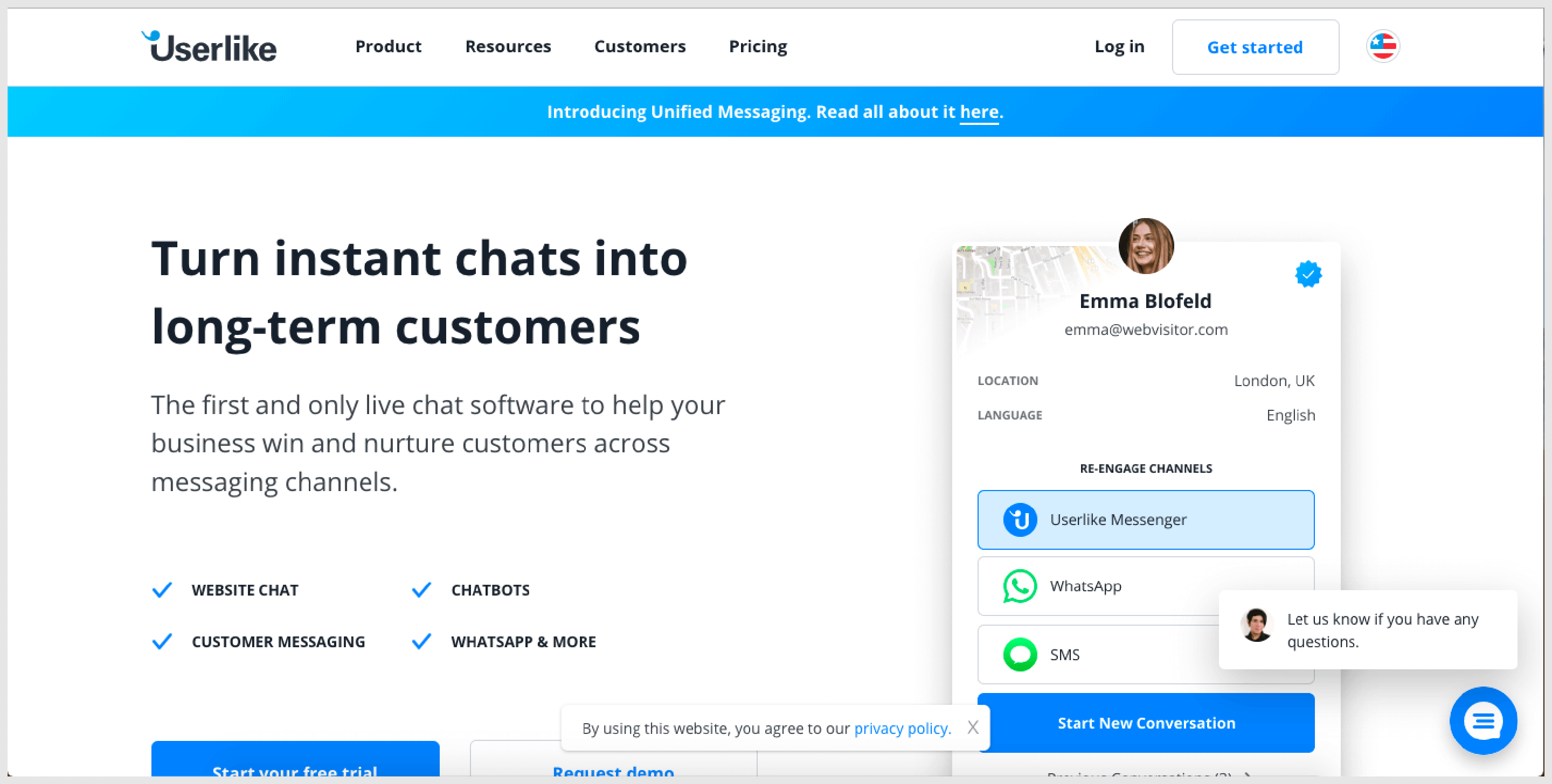 Userlike is one of those live chat software that lets you chat with your customers through multiple channels.