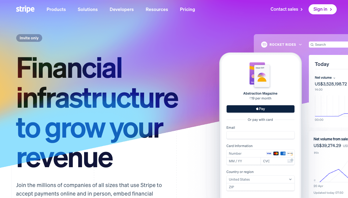 homepage of the subscription management platform - stripe