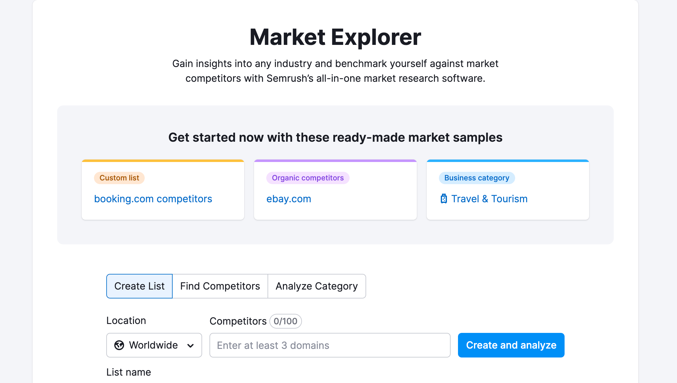 Market research tool of SEMrush - Market explorer