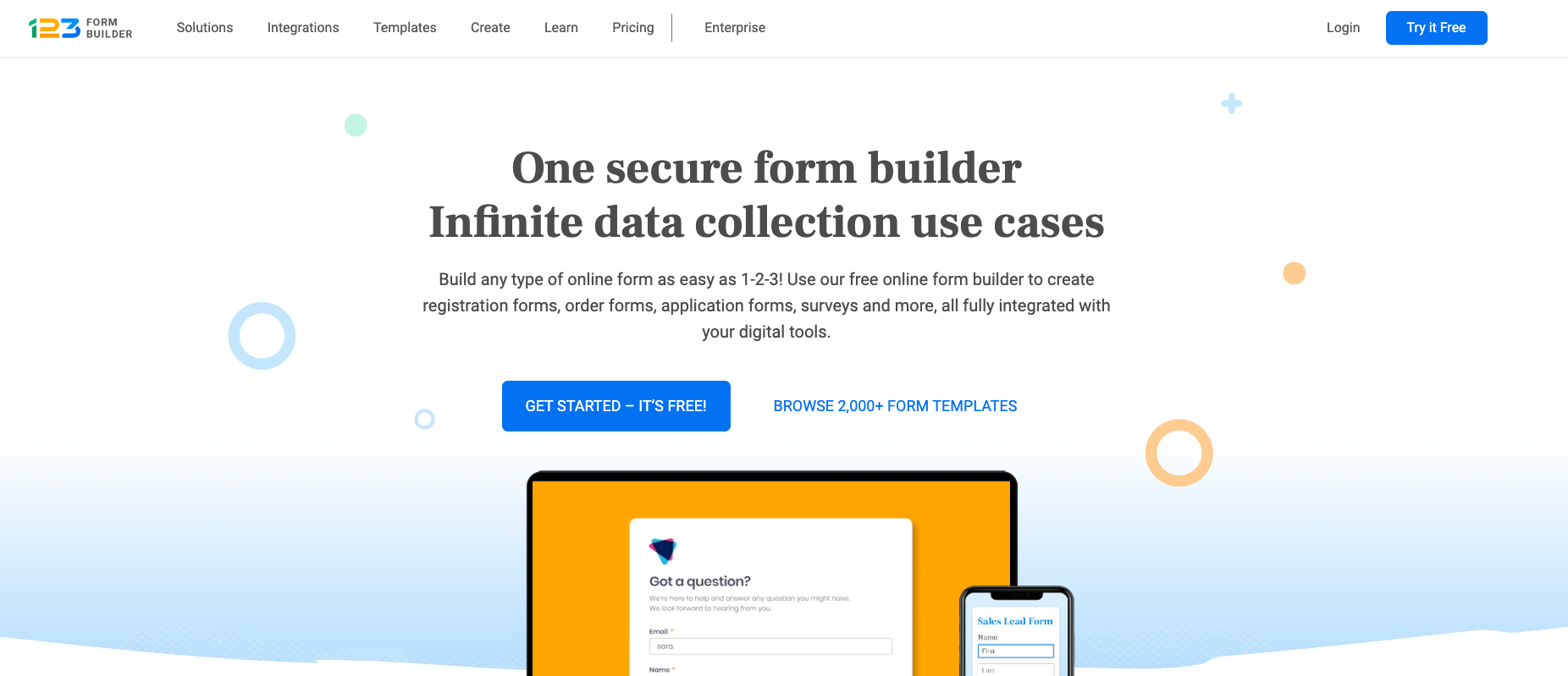 homepage of the software - 123form builder