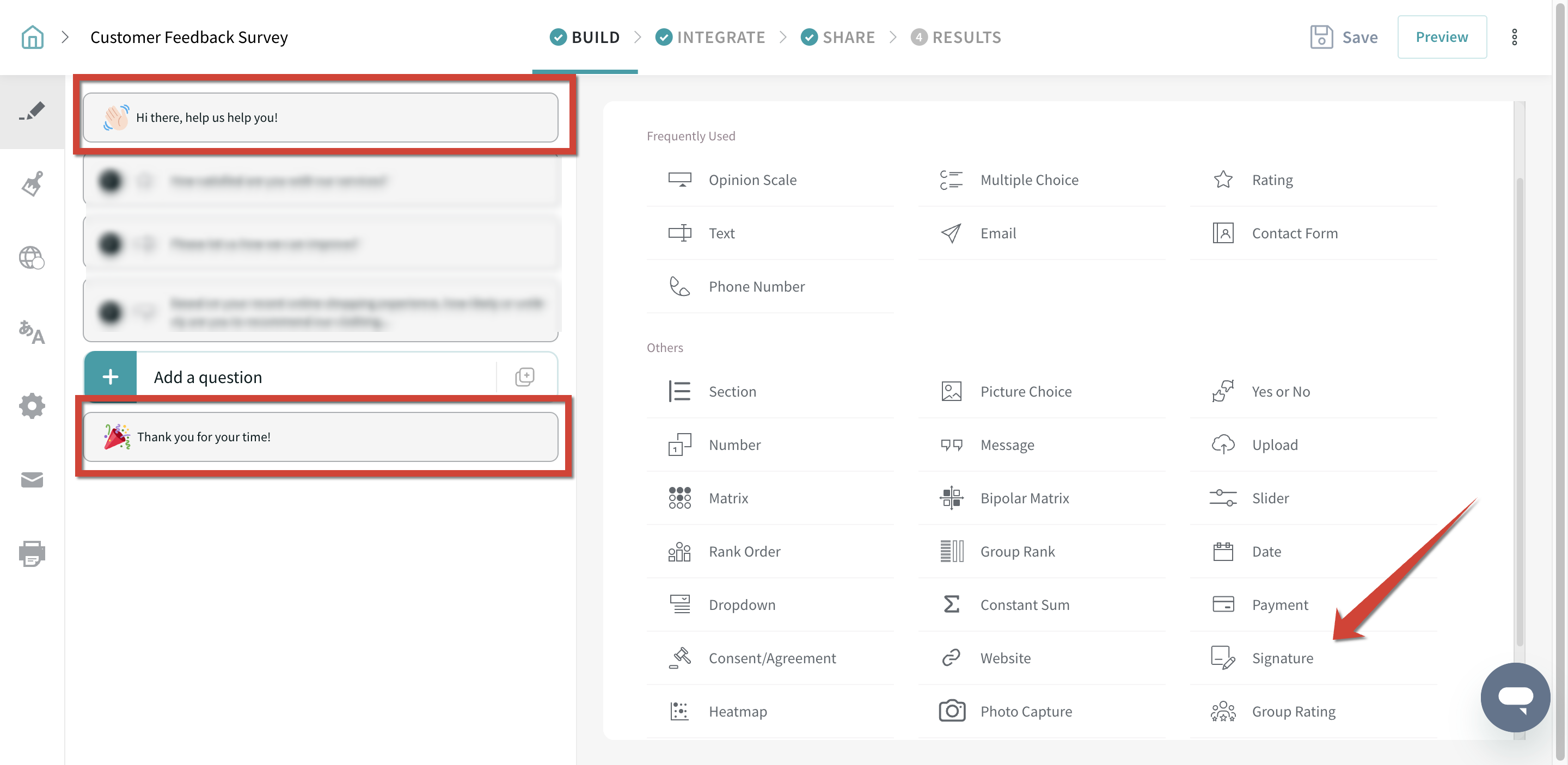 selecting signature question in surveysparrow 