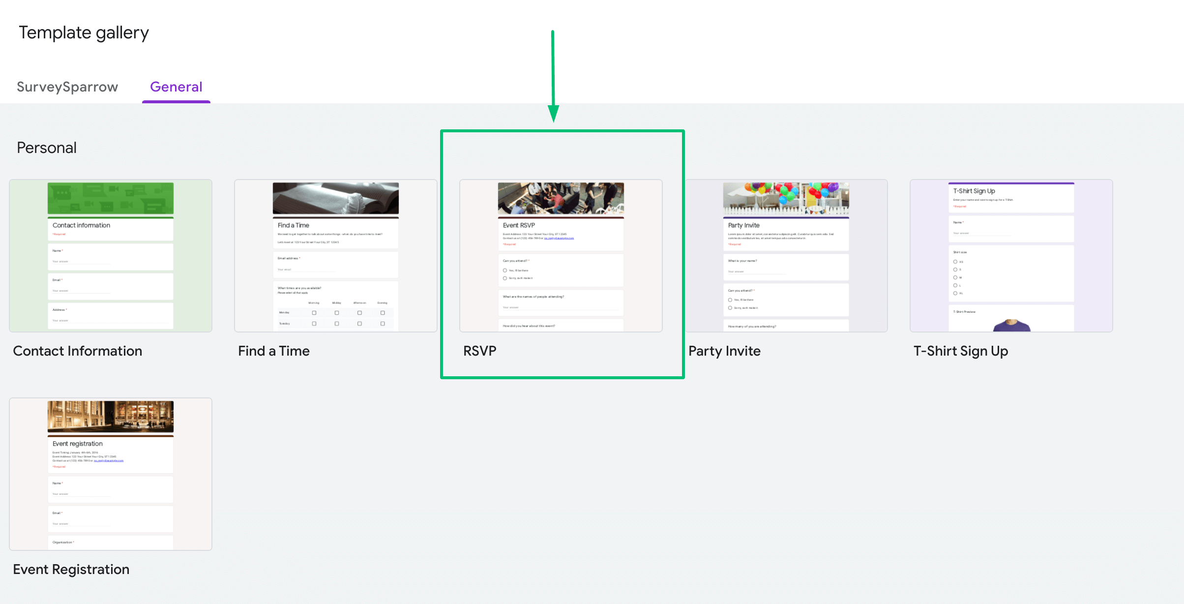 Google Forms RSVP: Selecting a template from the gallery