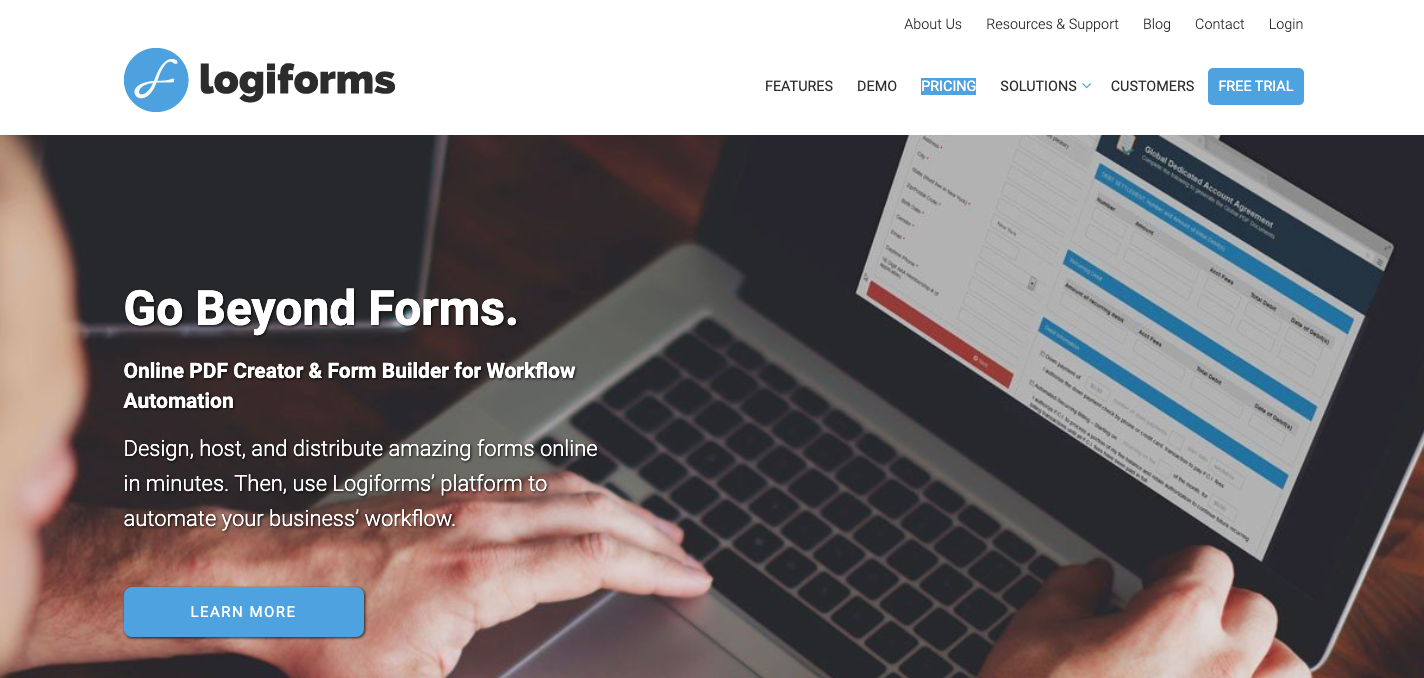 homepage of the form builder - logiforms