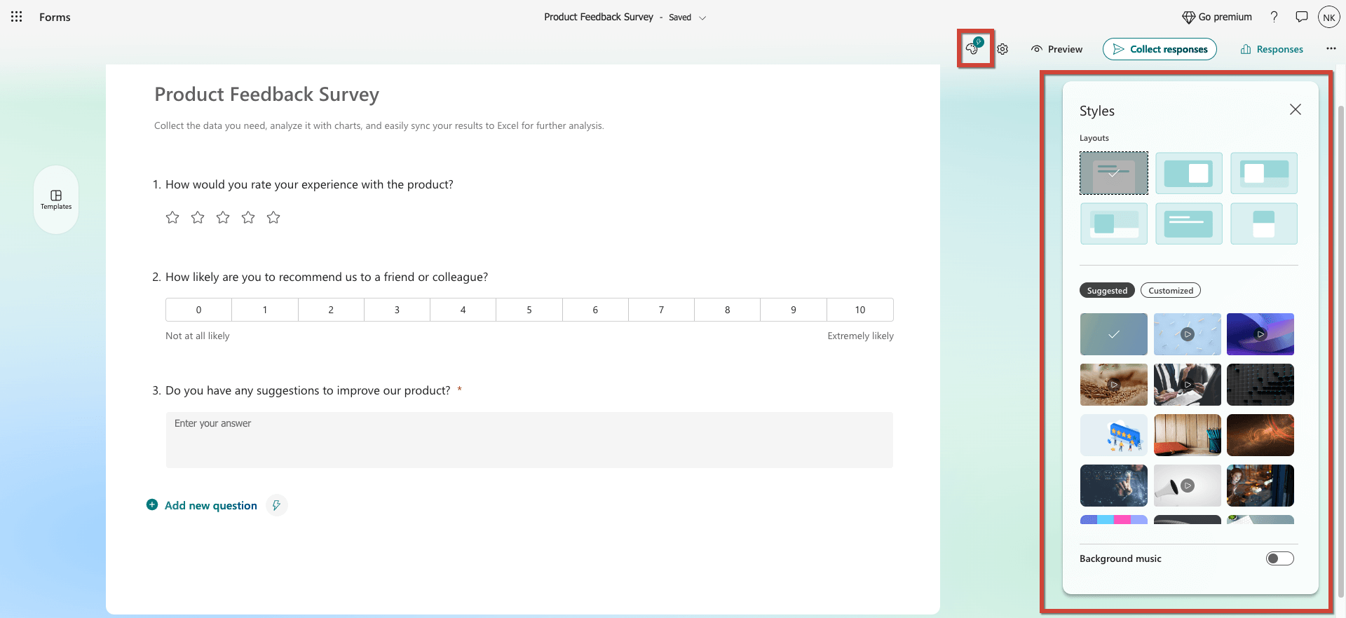 Design options available in microsoft forms