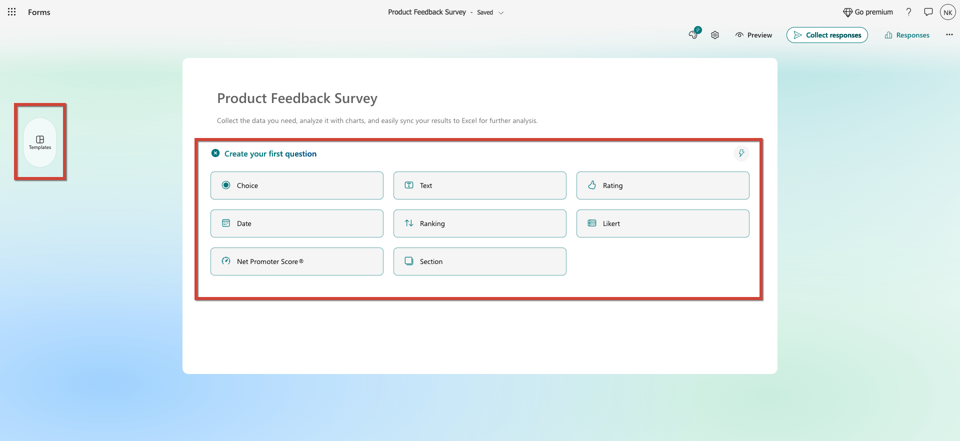 Adding the survey title and questions in microsoft forms