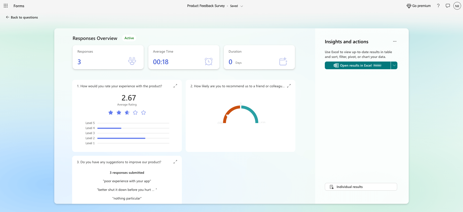 Microsoft form survey dashboard shocasing the results of the survey