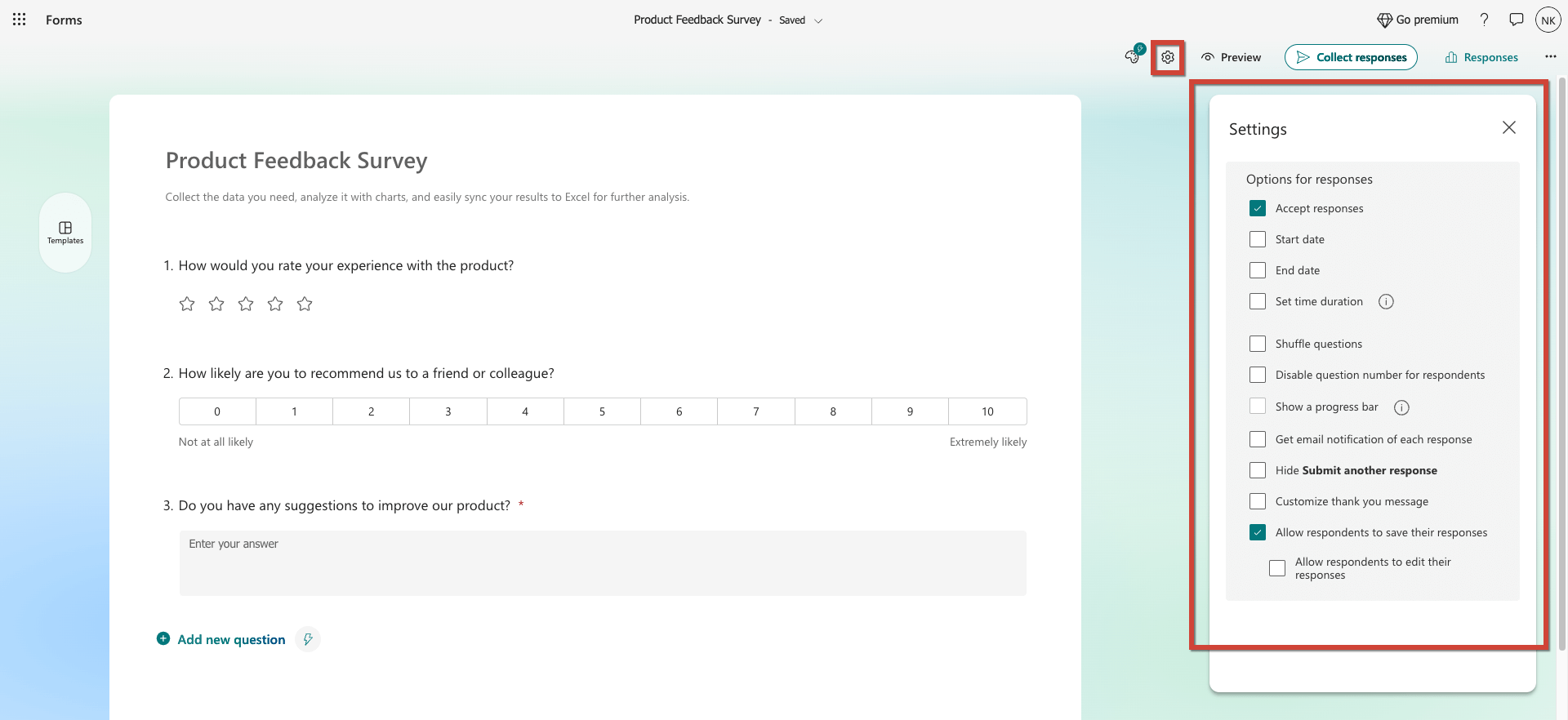 survey setting in microsoft forms