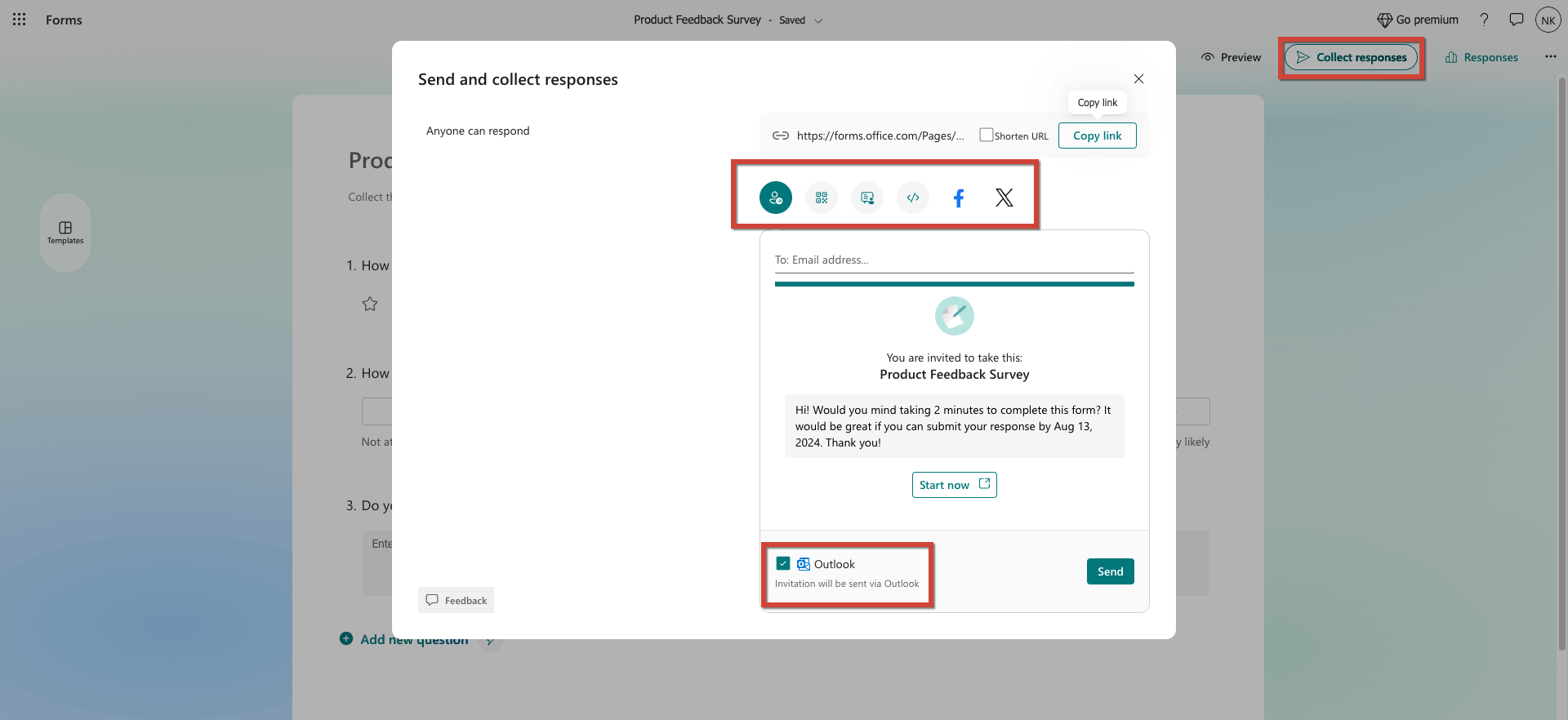 Survey share options available in microsoft forms survey