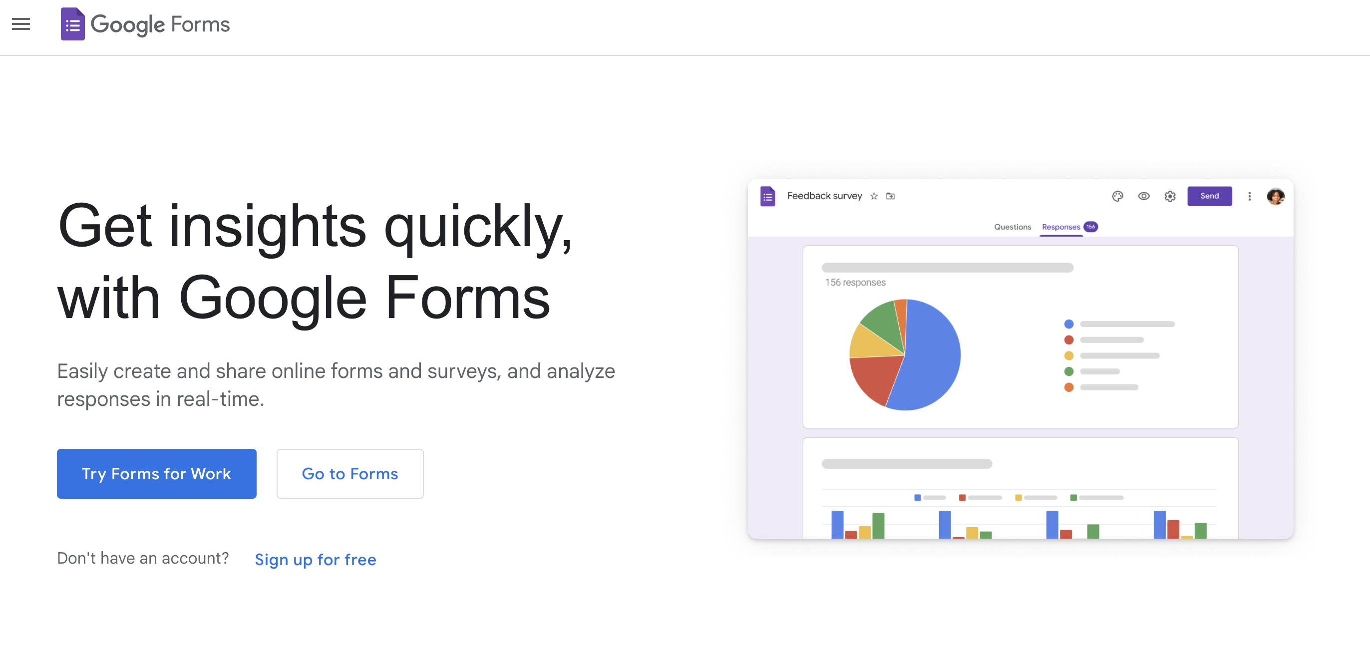 homepage of the free tool - google forms