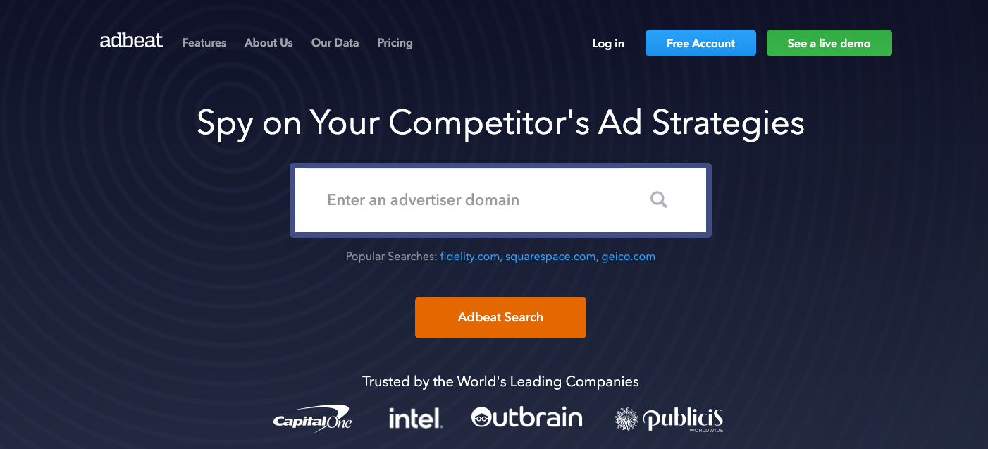 Homepage of the competitor analysis tools - adbeat