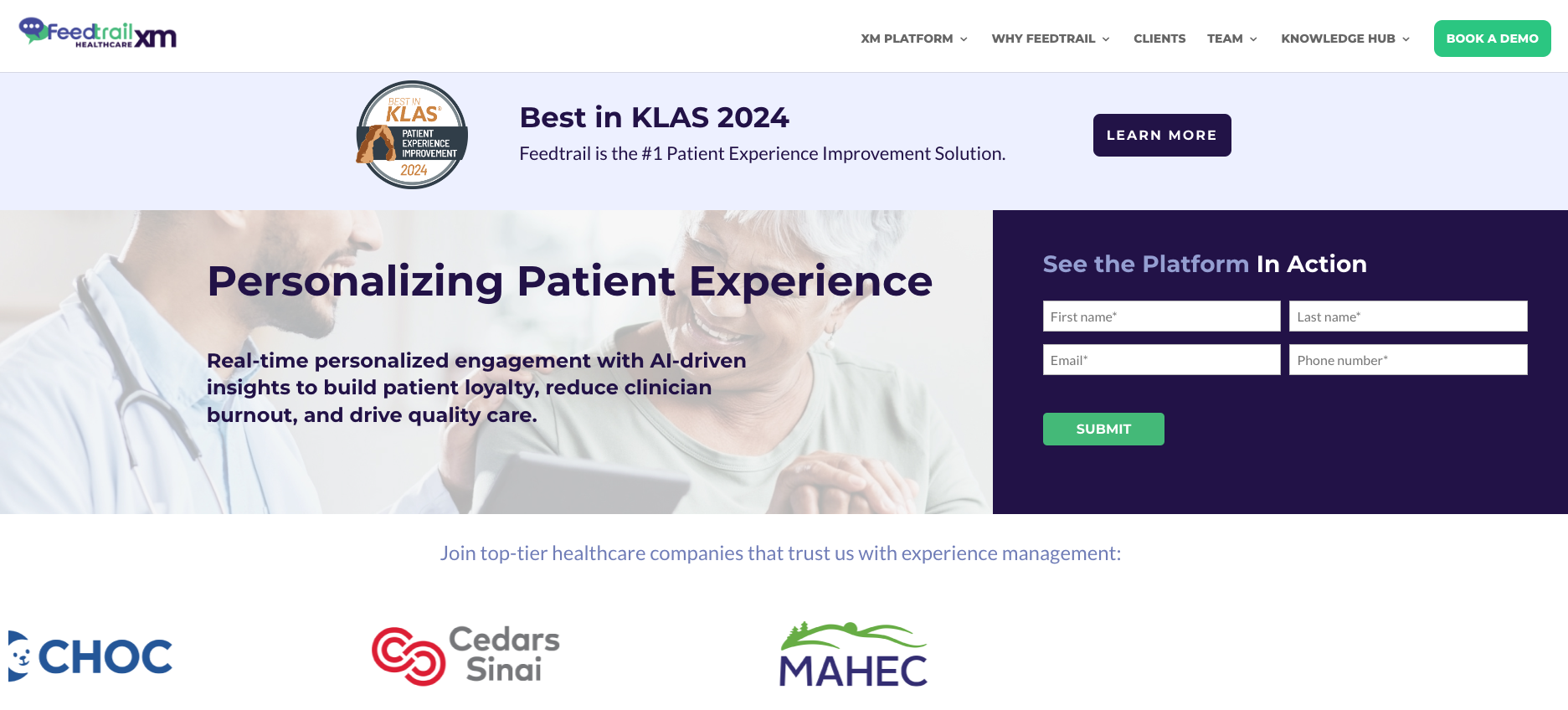 Homepage of patient experience tool - feedtrial