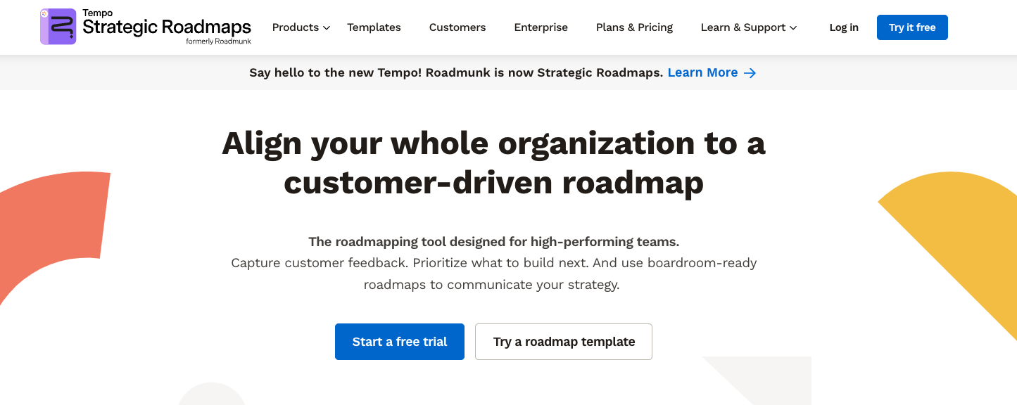 homepage of the roadmapping tool - roadmunk