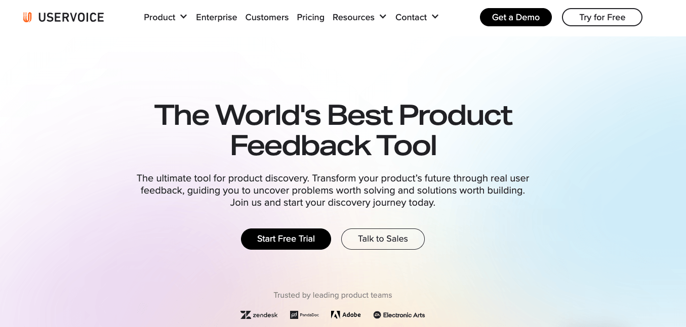 Homepage of the productfeedback tool - uservoice